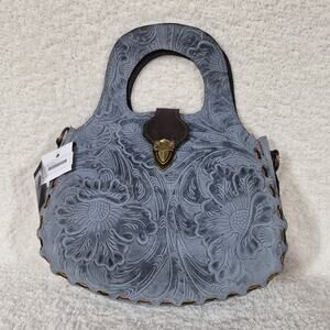 Mexican Blue Floral Hand Tooled Leather Whipstitching Top Handle Bag